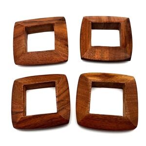 Vintage Square Wooden Napkin‎ Rings Handmade Teak Wood MCM 2.5" Wide - Set Of 4